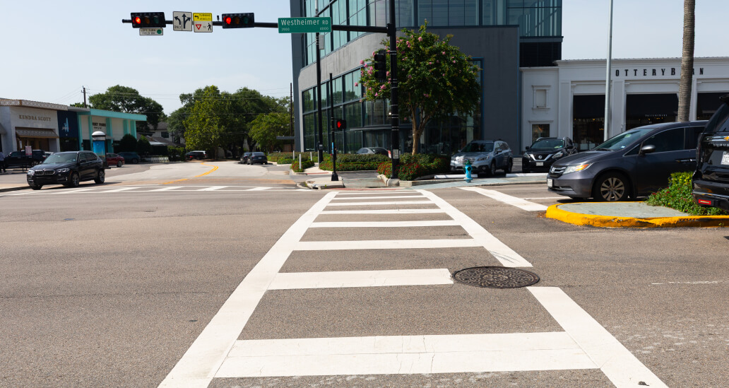 Completed roadway construction and crosswalks near Westheimer Road and Drexel Street.